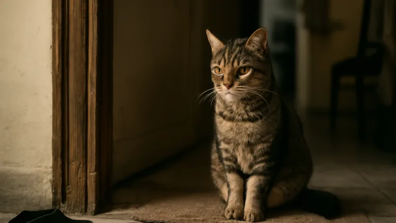 Kapı eşiğinde bekleyen bir kedi, evin girişinde yan ışığın vurduğu gerçekçi ve gündelik bir an gibi görünüyor.